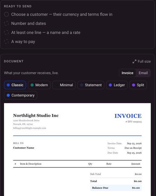 Creating an invoice: a Ready to send checklist, seven layout choices, and a live preview of the invoice document.
