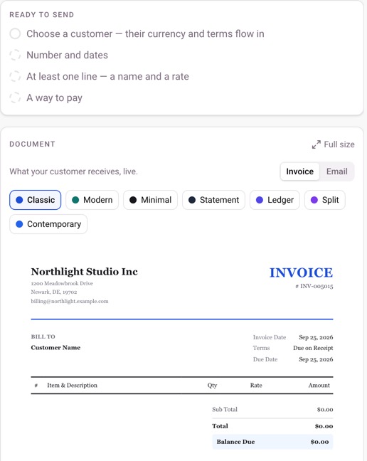 Creating an invoice: a Ready to send checklist, seven layout choices, and a live preview of the invoice document.