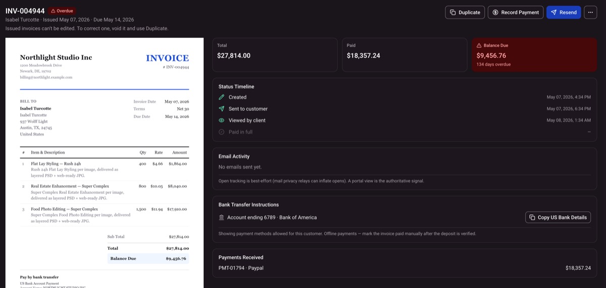 An invoice page: the invoice document, the total, paid and balance due, a status timeline, and bank transfer instructions.