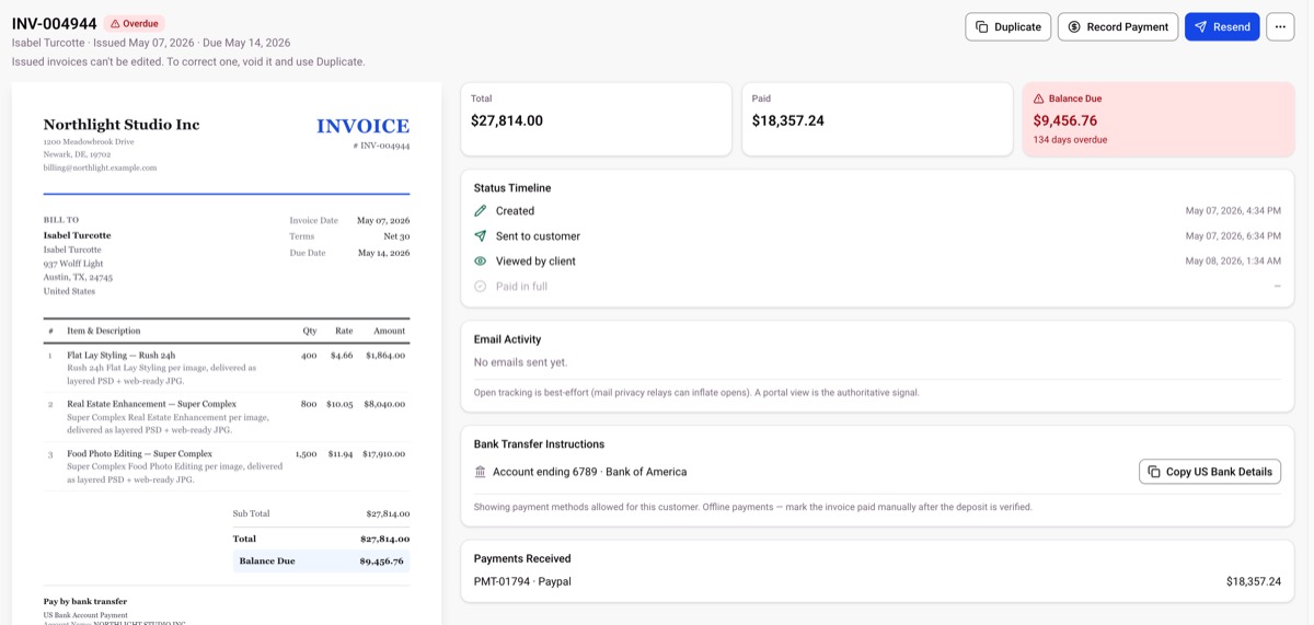 An invoice page: the invoice document, the total, paid and balance due, a status timeline, and bank transfer instructions.